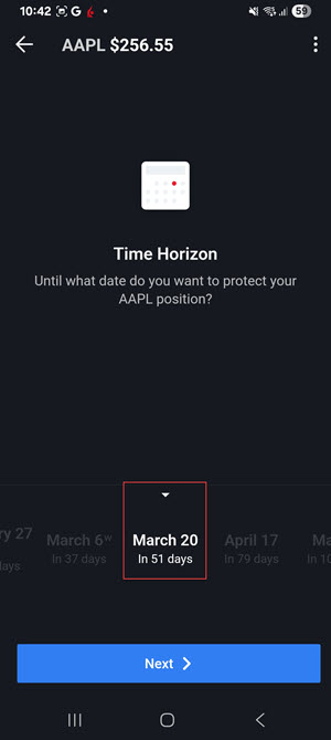 The protect a position select date on the android phone
